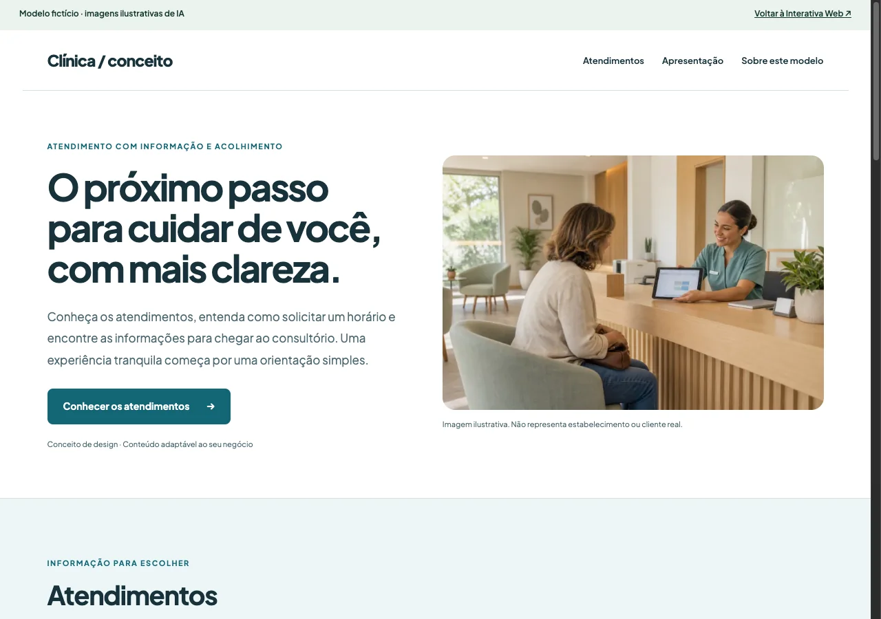 Captura da página demonstrativa para clínicas e consultórios