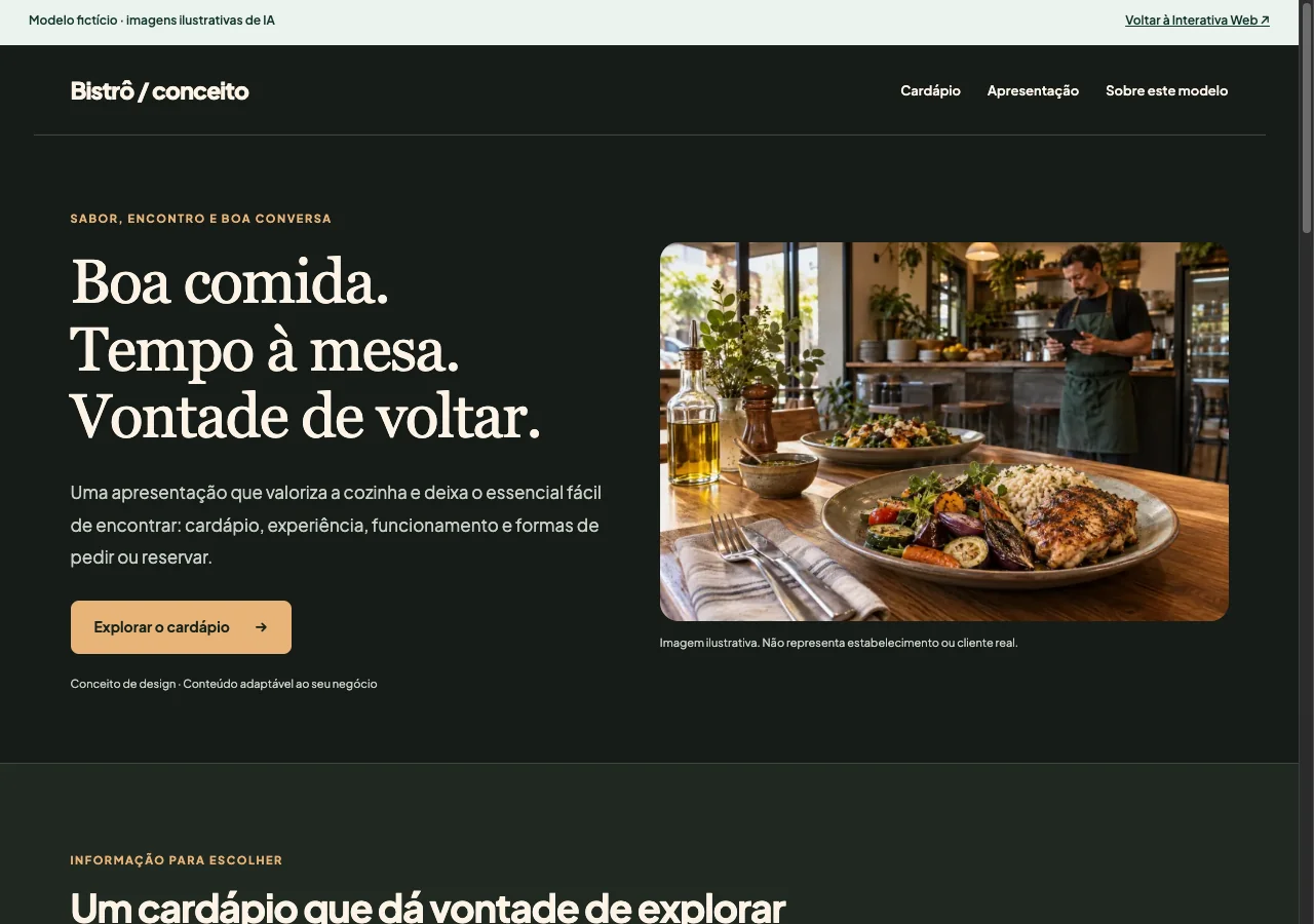 Captura da página demonstrativa para restaurantes e delivery